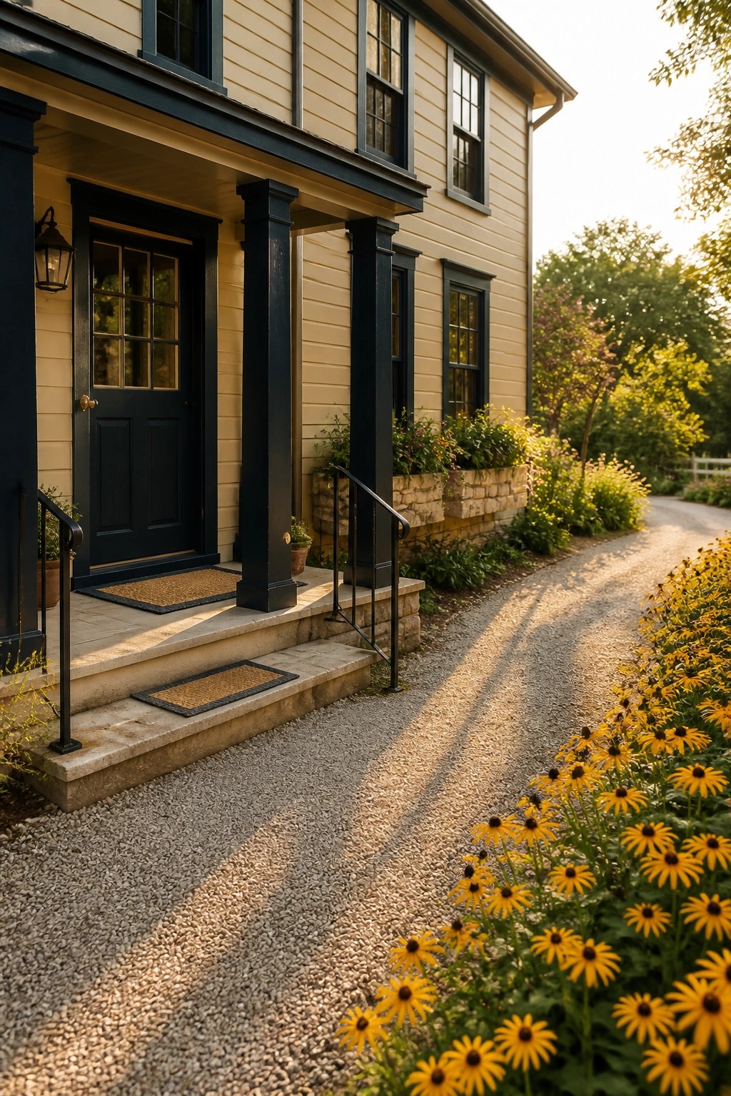 A pale yellow house with black door and porch columns, stone steps, and a gravel path lined with yellow flowers.