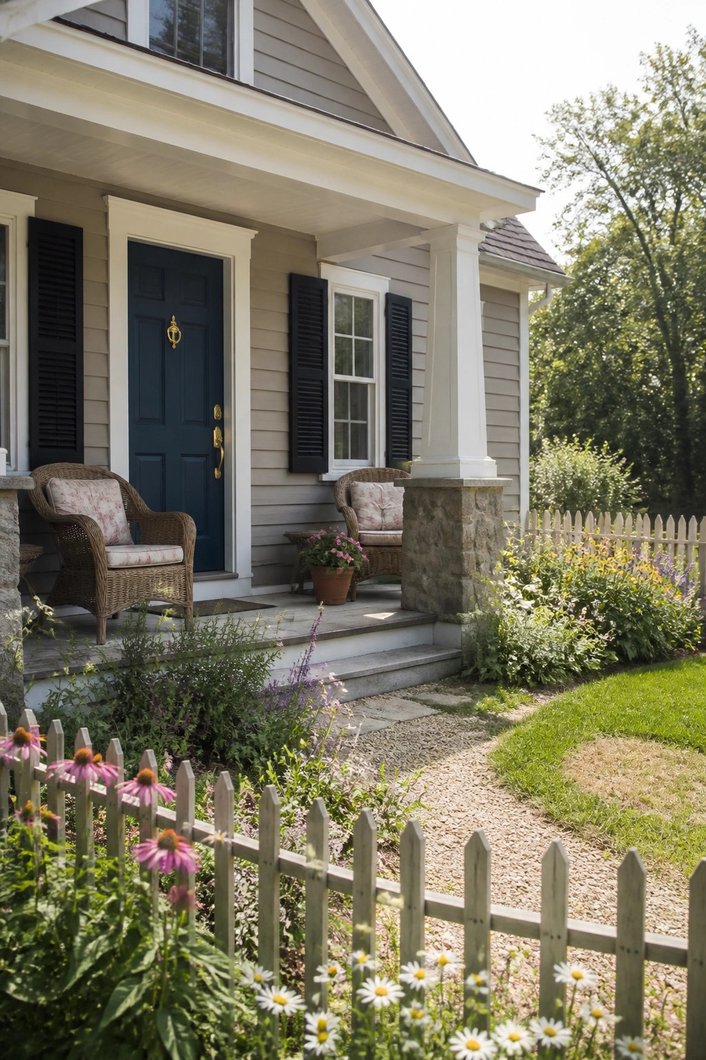A light taupe house exterior with a navy blue front door, black shutters, white trim, a stone porch column, and surrounding garden beds with flowers.