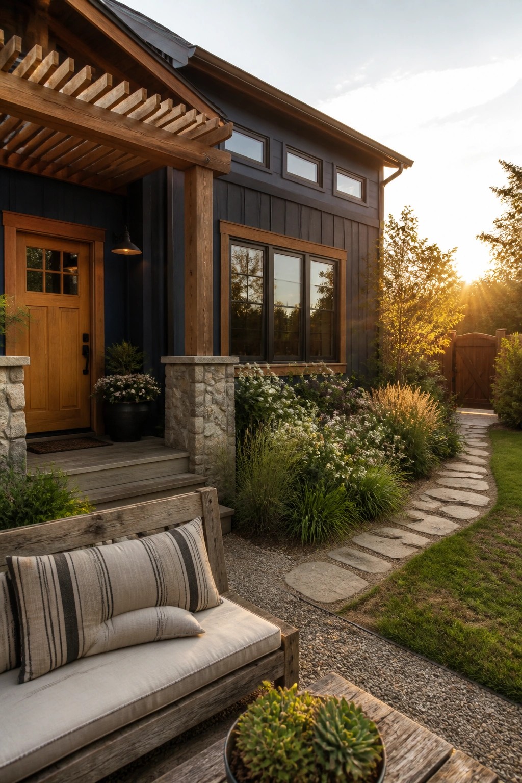A two-story house with dark navy siding, wood windows and door, stone porch pillars, and a stone path through garden beds.