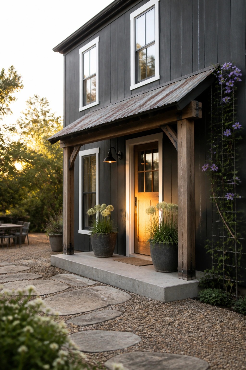 A two-story dark gray house with white window trim, a rusted metal porch roof, wooden posts, and potted plants beside the front door.