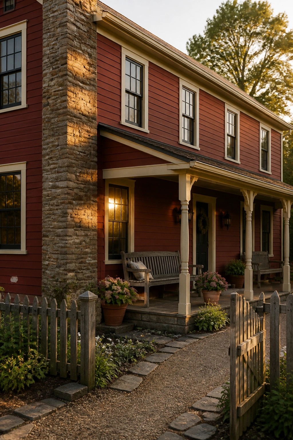 Red house with stone chimney, porch benches, potted flowers, and garden path at sunset