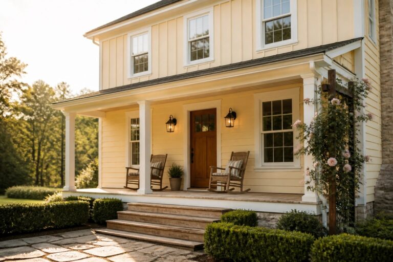 22 Rustic Farmhouse Exterior Paint Colors for Lasting Curb Appeal A two-story pale yellow farmhouse with white trim, a covered wooden porch, stone foundation, and wooden steps leading to the front door.