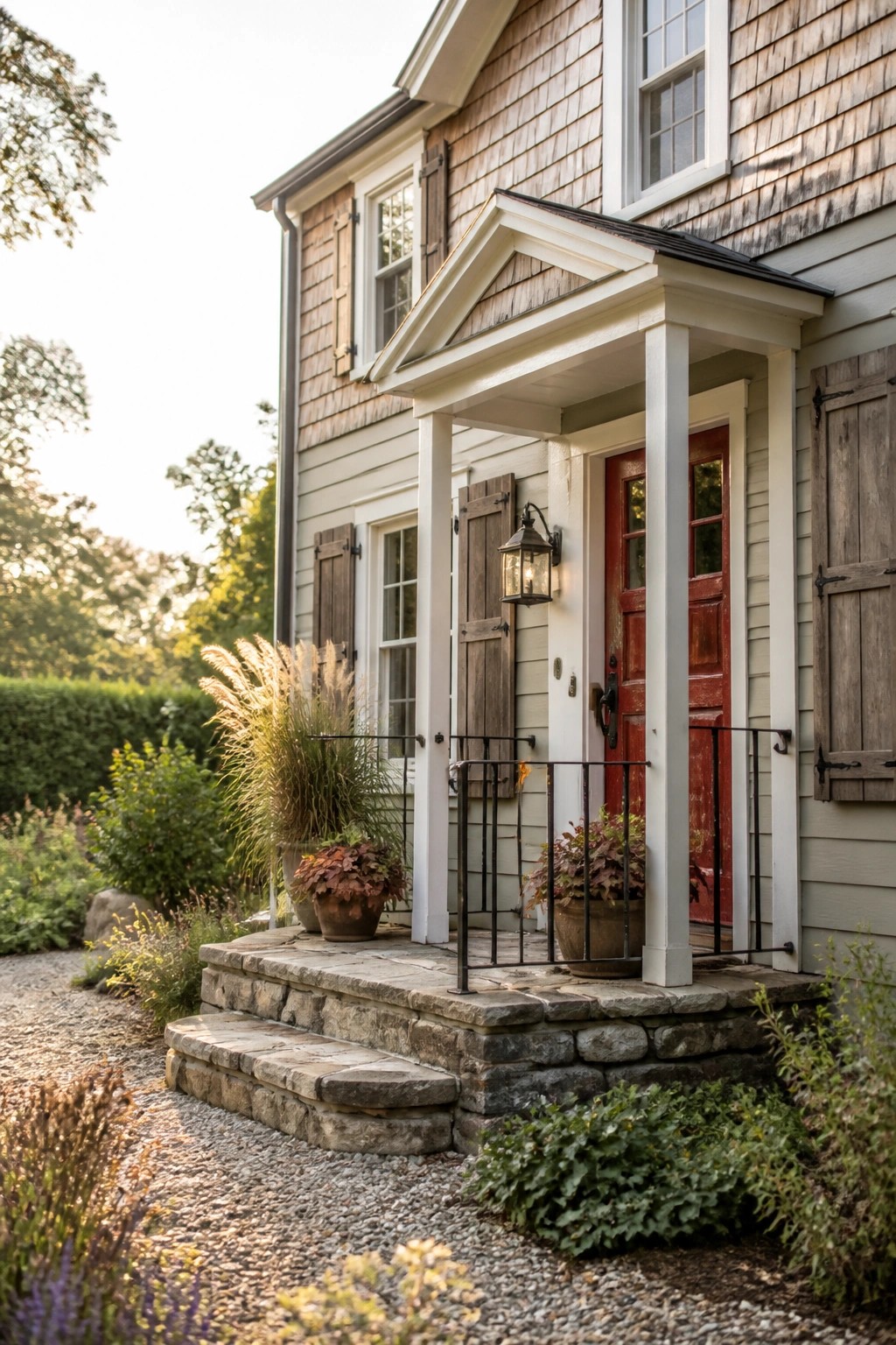 A two-story house with light gray siding, white trim around the windows and porch, a red front door, and a stone entry with potted plants.