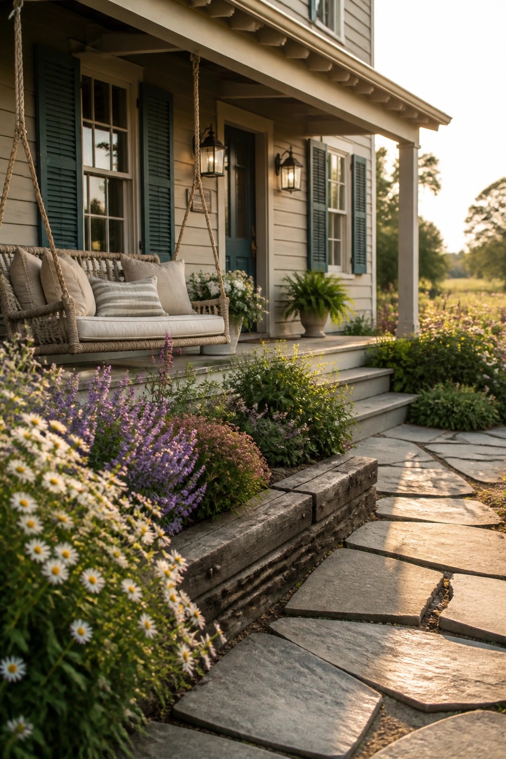 A light-sided farmhouse with teal shutters and door, a rope porch swing, and a stone path lined with white and purple flowers.