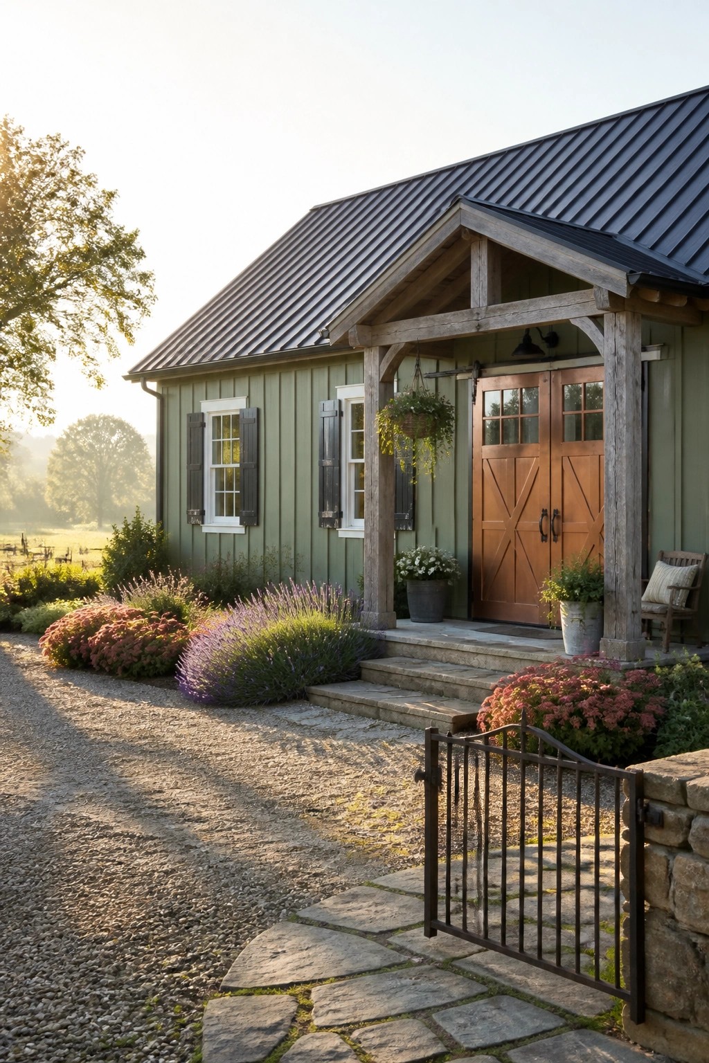 A green-sided farmhouse with wooden porch posts, double barn doors, black metal roof, and a stone pathway leading to the entrance.