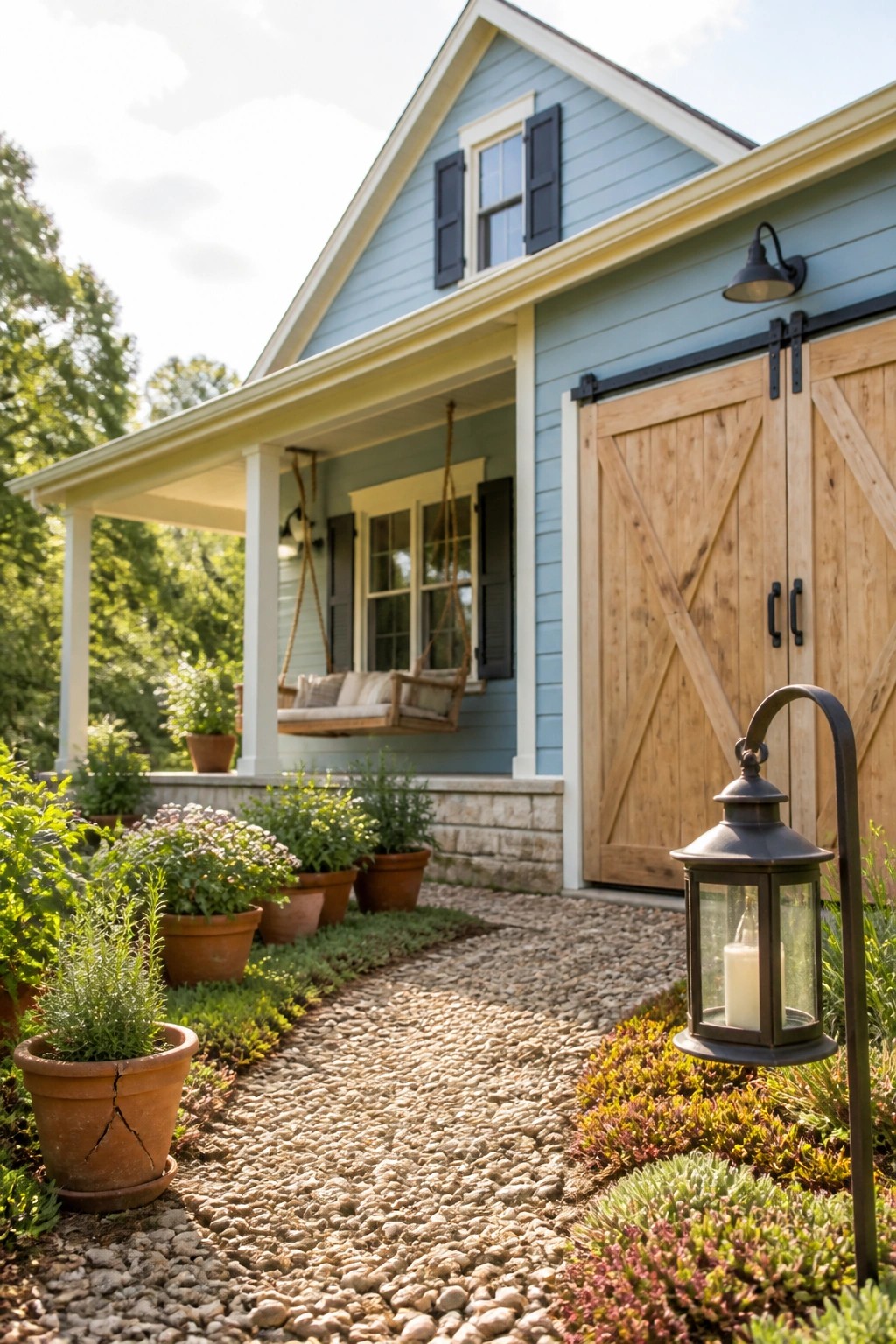 A light blue house with white trim, black shutters, wooden barn doors, a porch swing, and a gravel path bordered by potted plants and a lantern.
