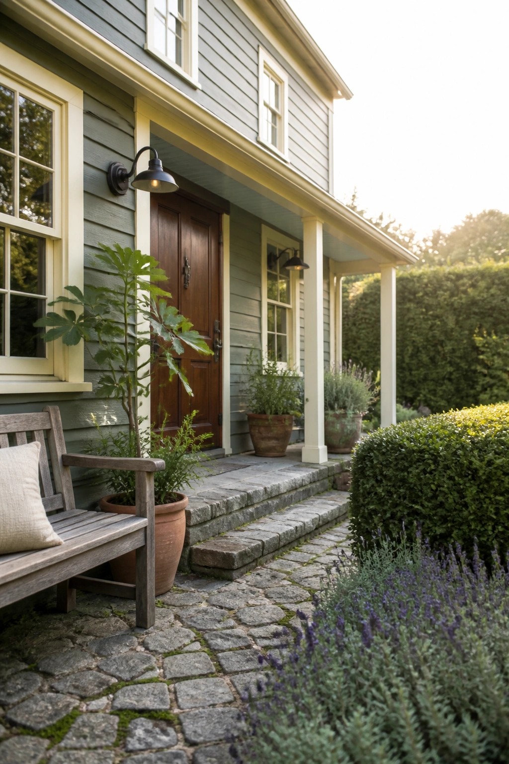 A two-story house with gray blue siding, cream trim, a brown wooden door, and a front porch with potted plants and a wooden bench beside a stone path.