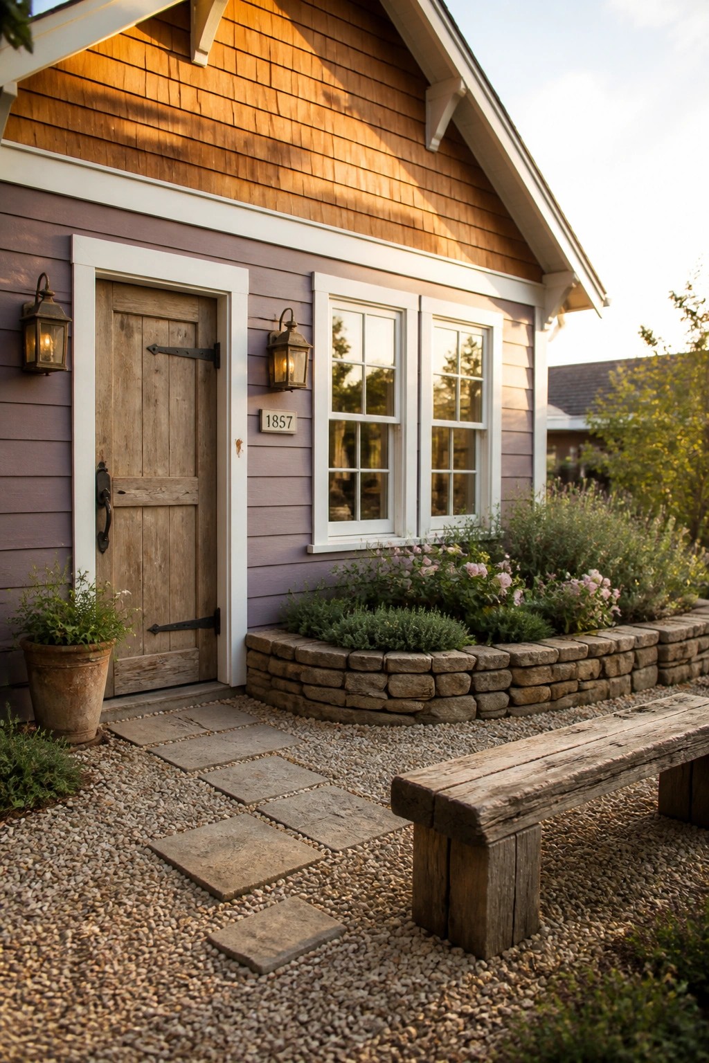 A house with purple siding, a wooden front door, white trim, and a stone garden border along a gravel path.