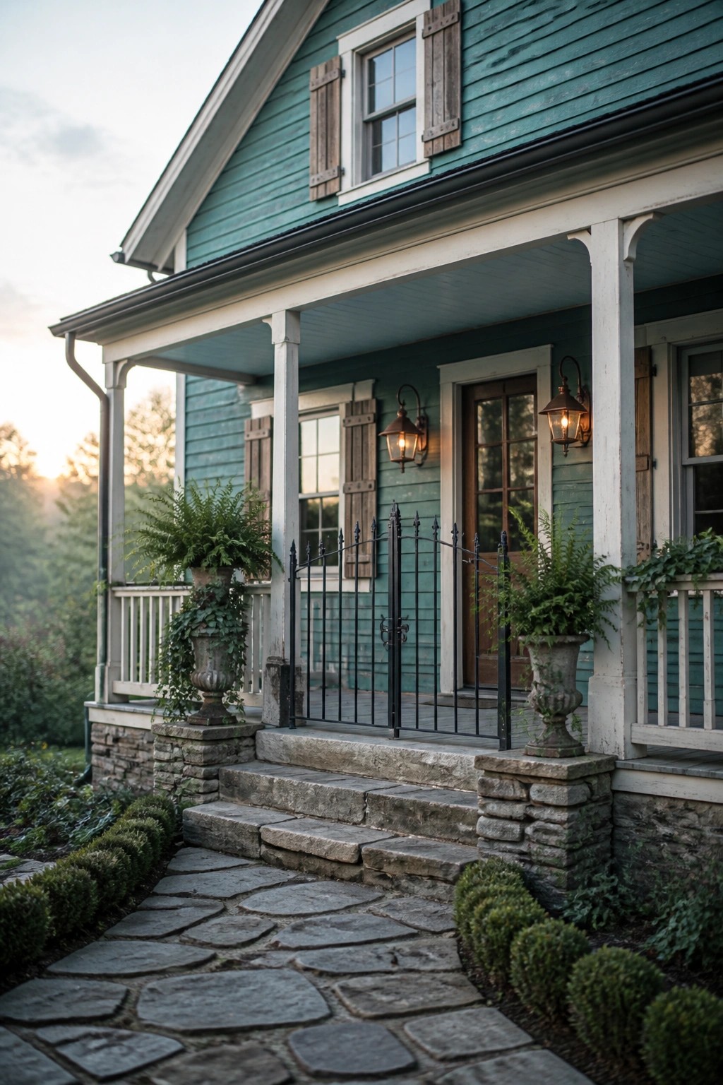 A teal painted house exterior with white trim, a covered porch, stone steps, and a stone pathway.