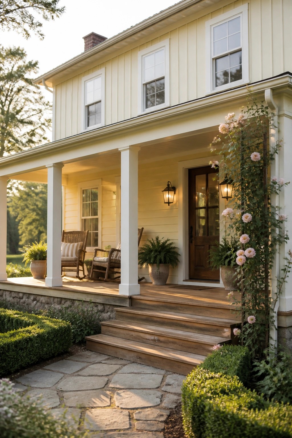 A two-story pale yellow farmhouse with white trim, a covered wooden porch, stone foundation, and wooden steps leading to the front door.