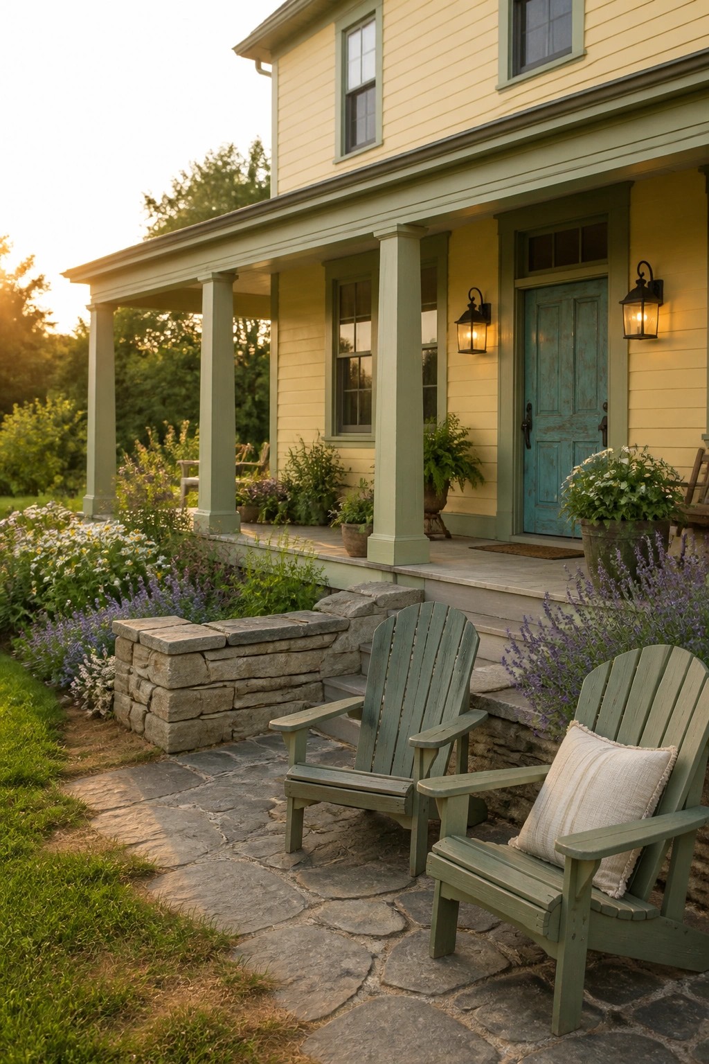 A yellow clapboard house with green trim, a turquoise front door, and two green wooden chairs on a stone path beside flower beds.