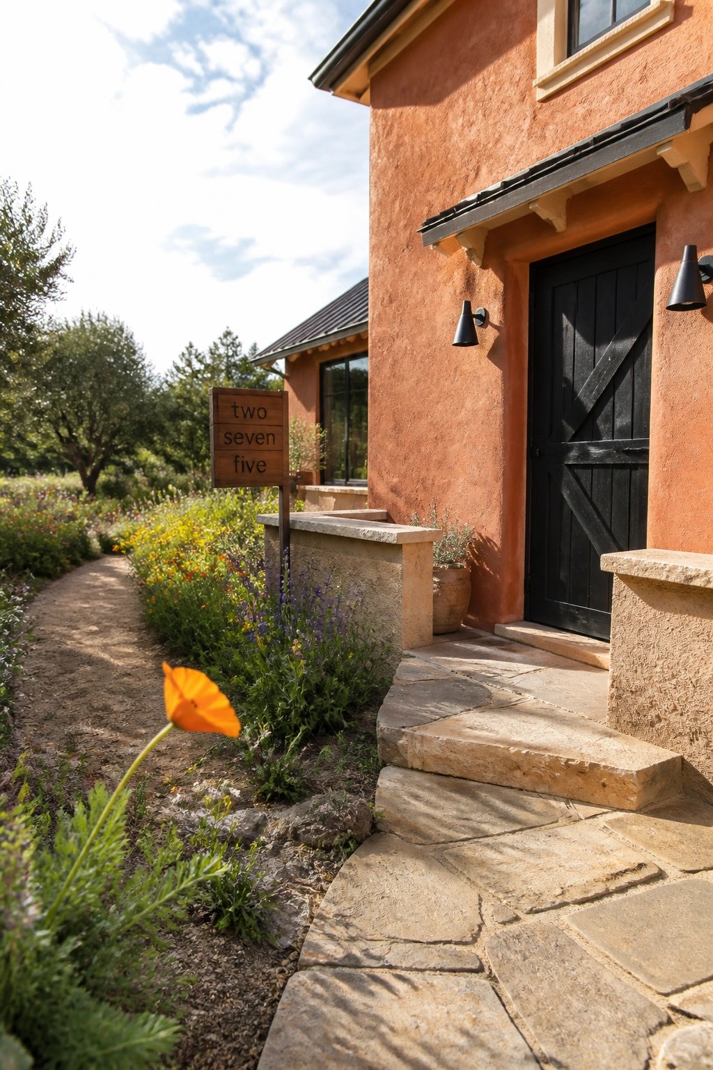Orange stucco house with black door, stone steps, wildflower garden, and signpost.