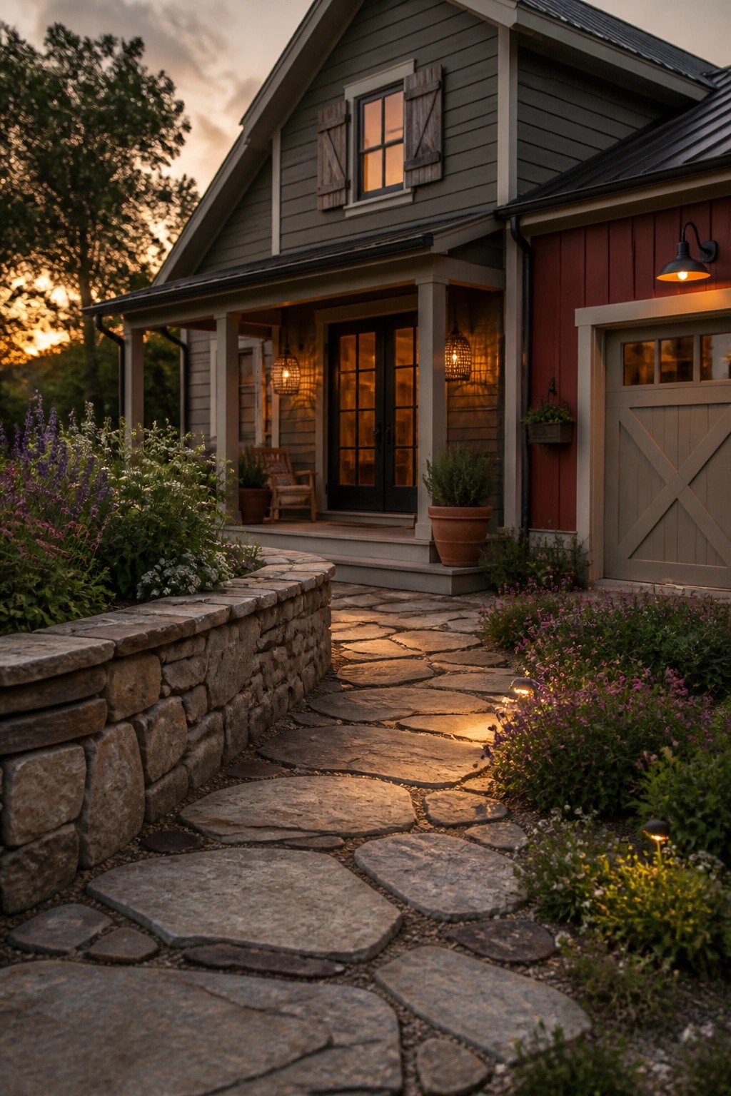 A two-story farmhouse with gray siding on the main section and red paint on the garage, featuring a stone pathway and garden beds in front.