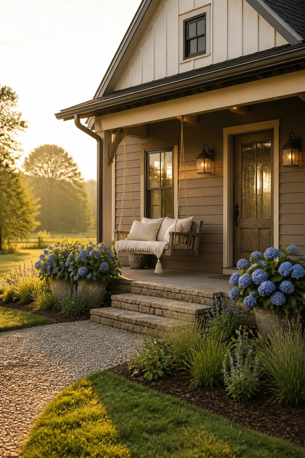 A two-story farmhouse exterior with light upper siding and darker lower siding, a wooden front door, a hanging porch swing, and potted blue hydrangeas beside stone steps.
