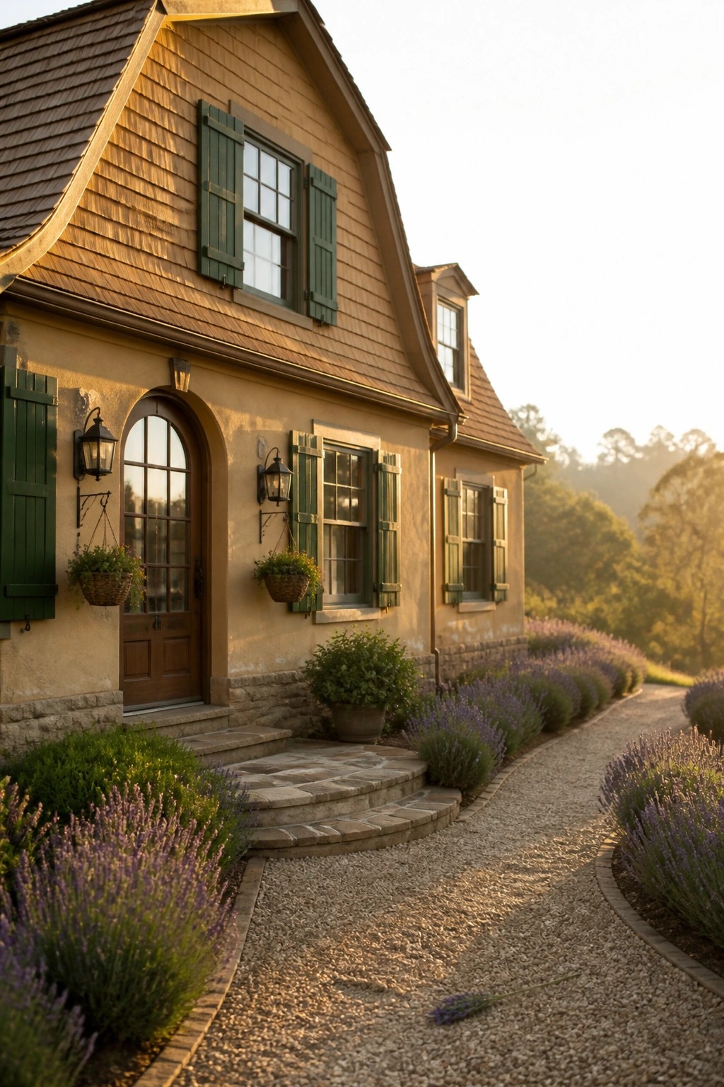 A yellow-sided farmhouse with green shutters, stone foundation, arched entry door, and a gravel path bordered by lavender.