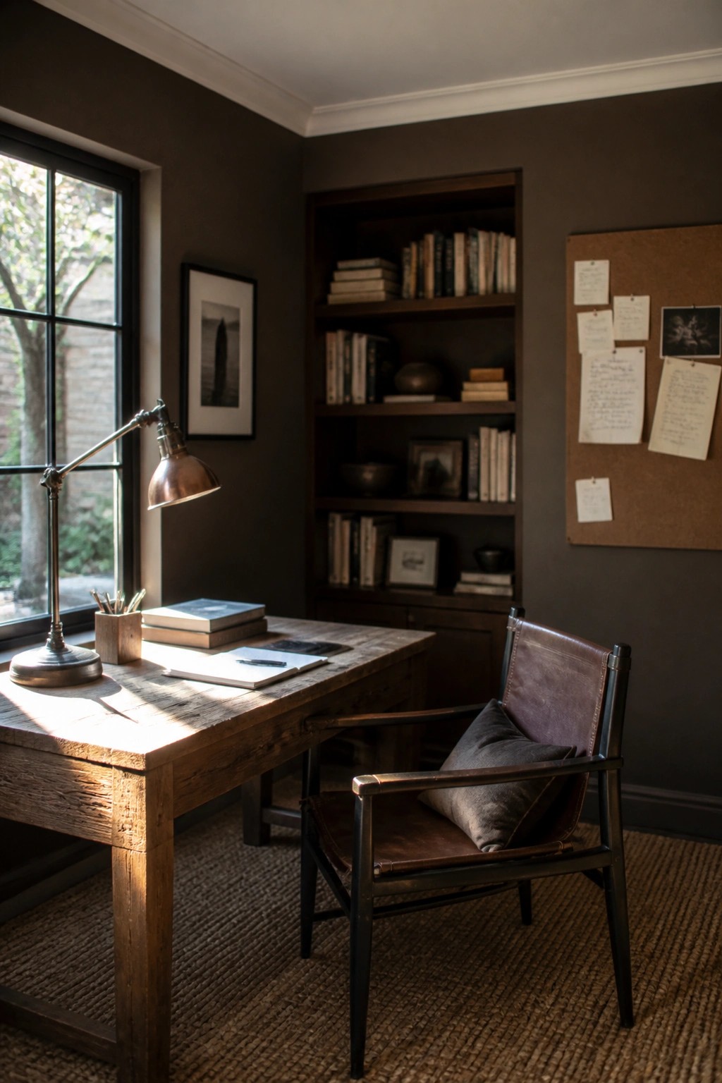 A rustic home office with dark brown walls, a wooden desk, leather chair, built-in bookshelves, and a window on the left.
