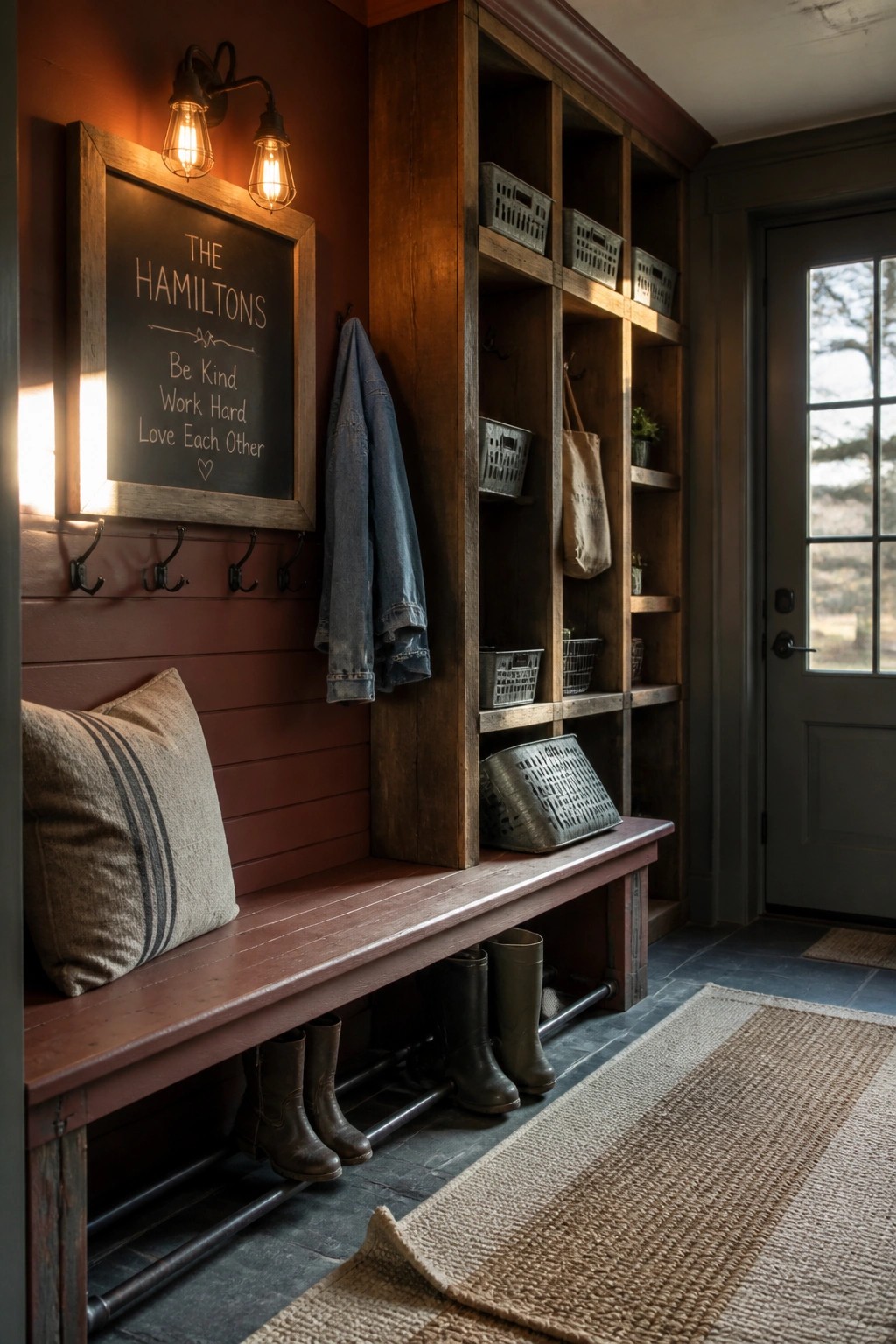 A mudroom interior with a wooden bench, coat hooks, cubby shelves, and a chalkboard sign mounted on deep red painted walls.