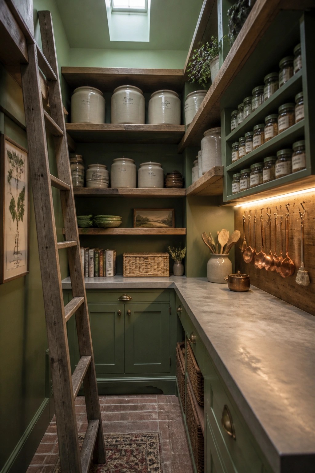 A narrow green pantry with wooden open shelves holding ceramic jars, a leaning wooden ladder on the left, and copper utensils hanging on the right wall above a concrete counter.