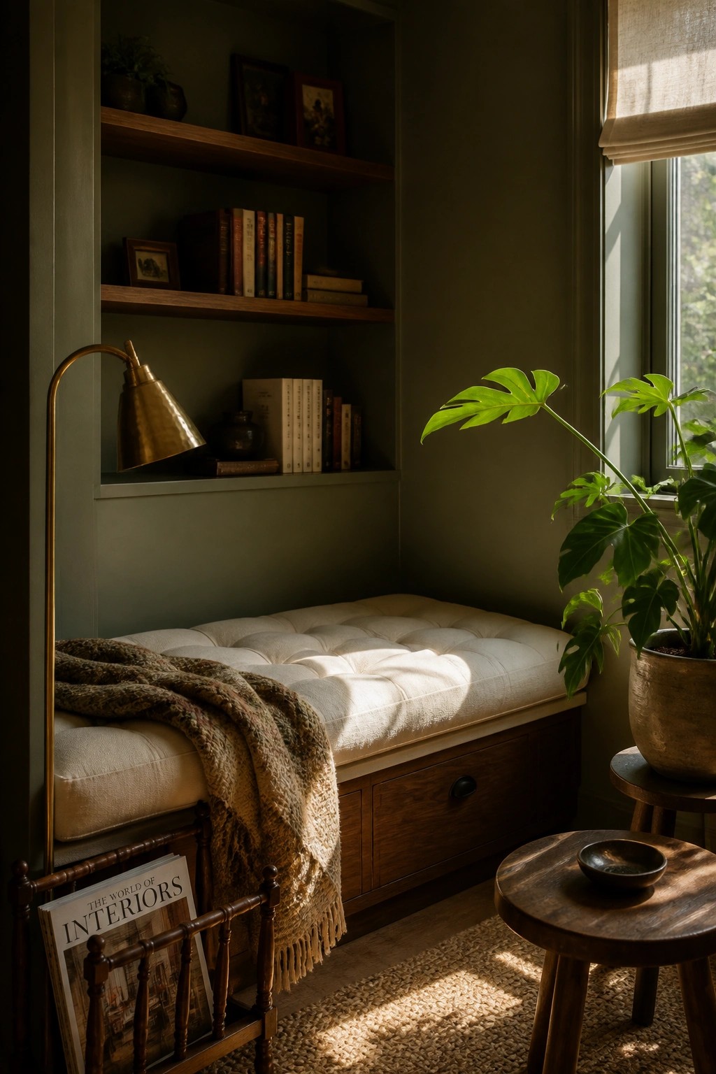 An interior view of a white tufted bench built into a sage green alcove with wooden shelves above, a brass floor lamp, and a large potted plant beside a window.
