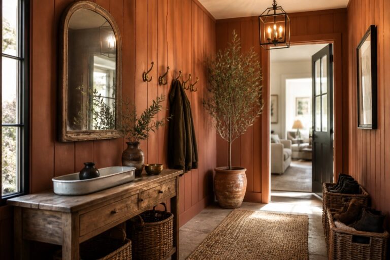 An interior entryway with terracotta walls, a wooden console table holding baskets and boots, a large mirror, and a woven runner leading toward a black door.