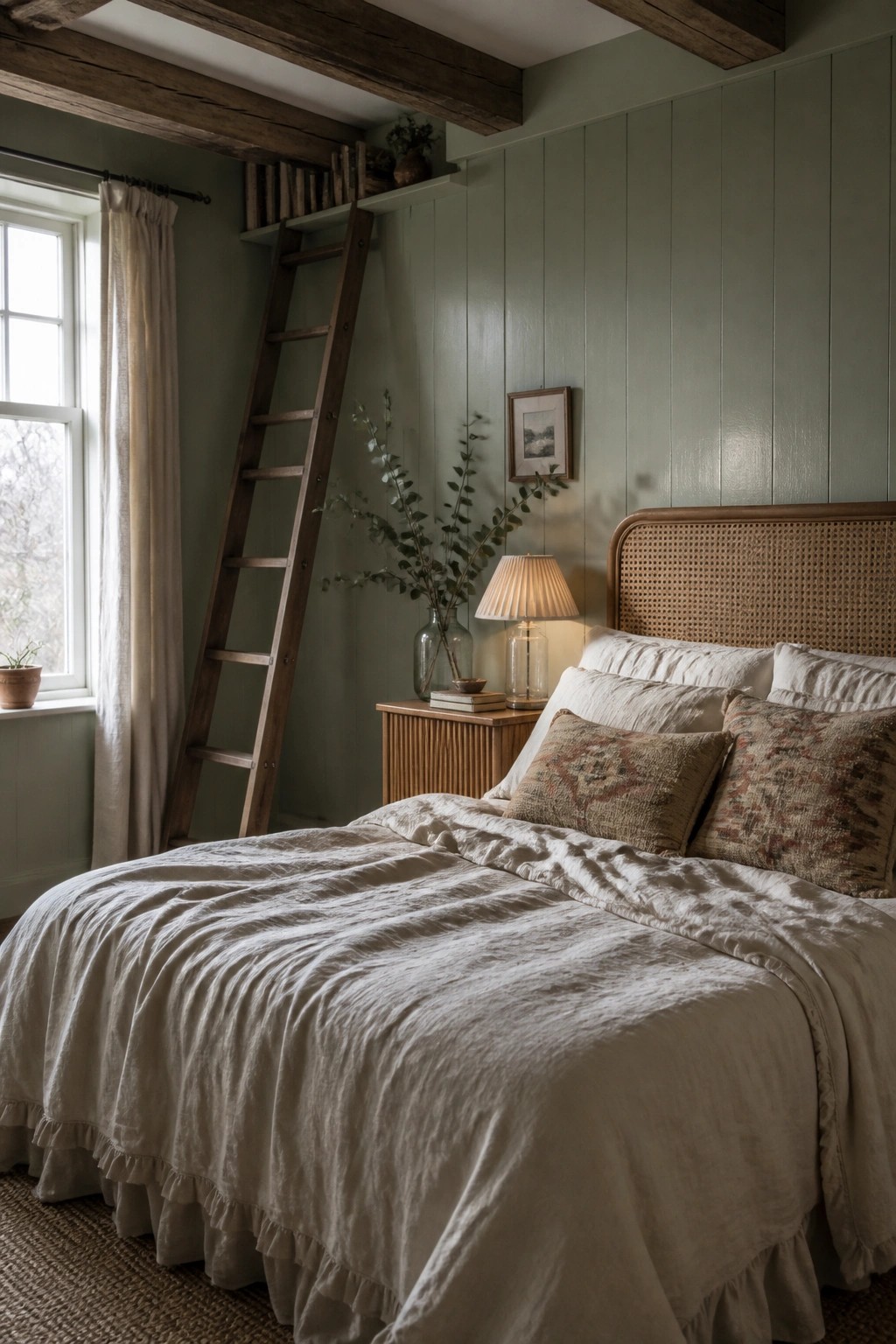A bedroom featuring sage green vertical panel walls, a wooden ladder, a nightstand with a lamp, and a bed dressed in off-white linens with patterned pillows.