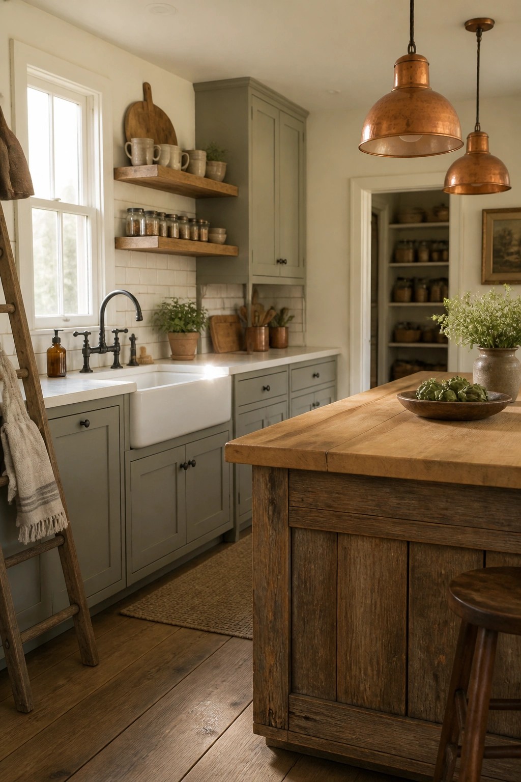 A rustic farmhouse kitchen featuring sage green cabinets, a white farmhouse sink, a large wooden island, and copper pendant lights over the counter.