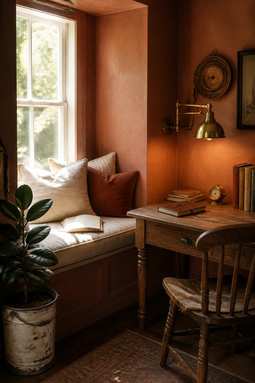 A small wooden desk with a chair sits next to a window seat with pillows in a room painted terracotta.