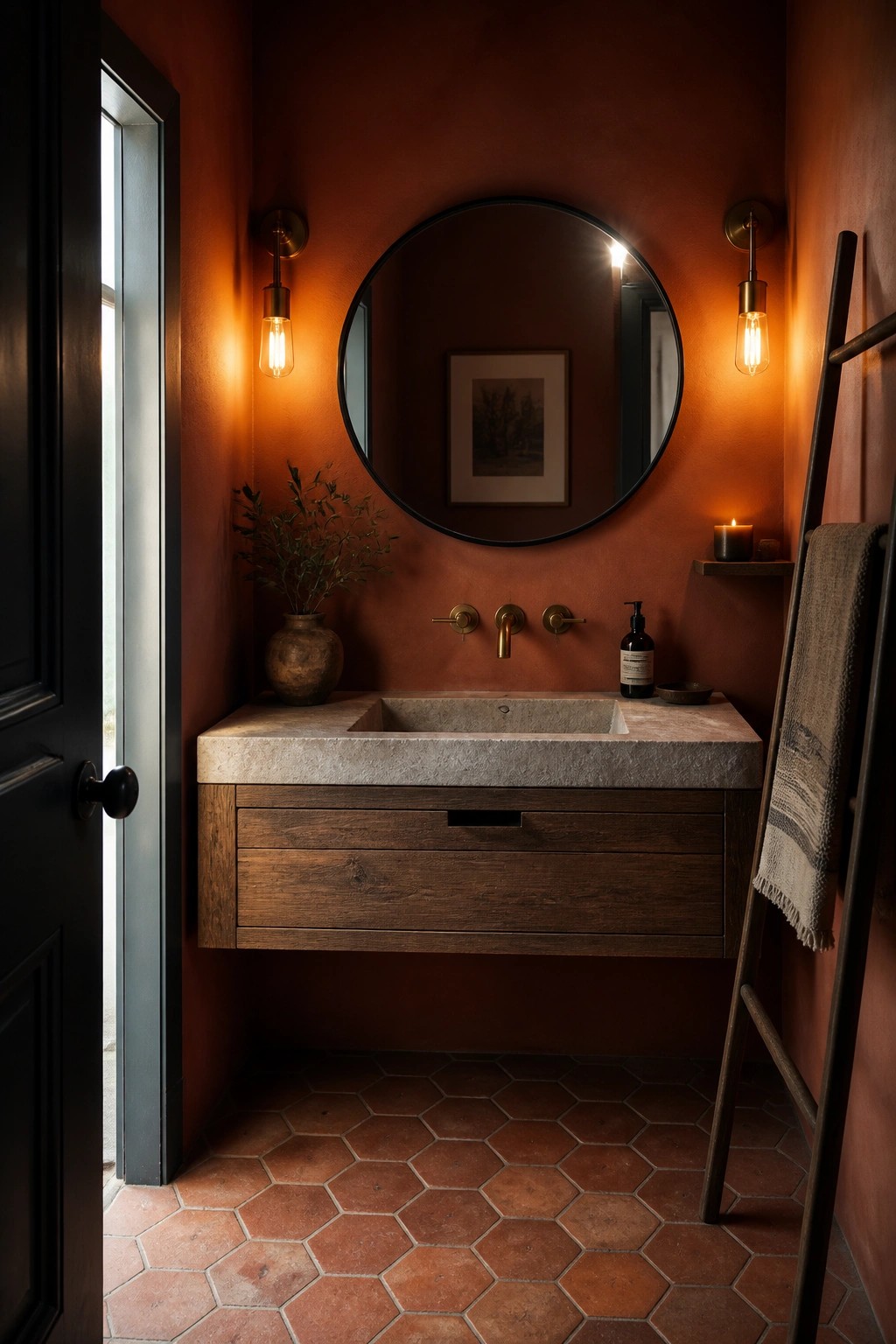 A bathroom with terracotta walls, a floating wood vanity topped with a stone sink, and a round mirror centered above the faucet.
