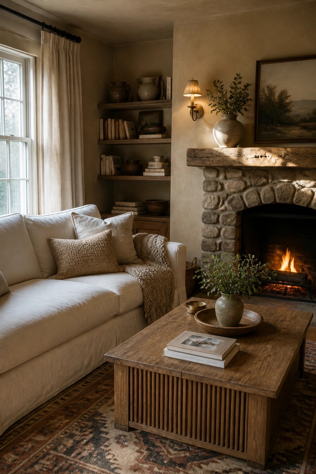 A living room featuring a white sofa with pillows, a wooden coffee table, a stone fireplace with a lit fire, built-in wooden shelves holding books and pottery, and a large window with curtains.