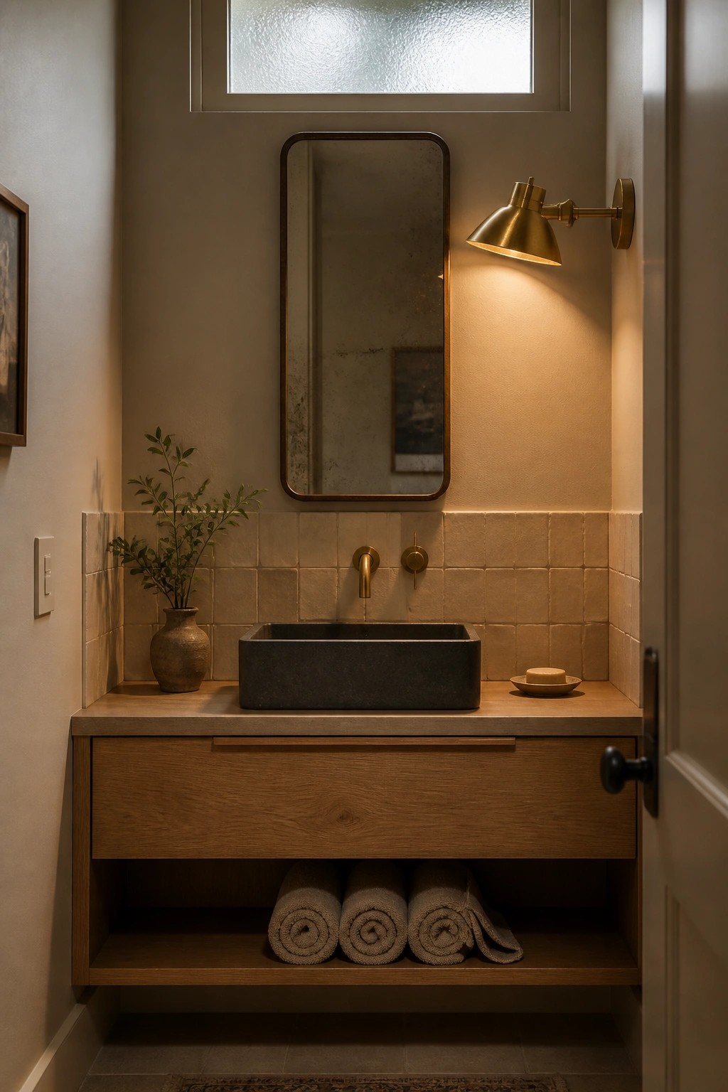 A bathroom vanity area featuring a dark stone sink on a wooden countertop, beige square tiles on the wall, a rectangular mirror, and a brass wall sconce.