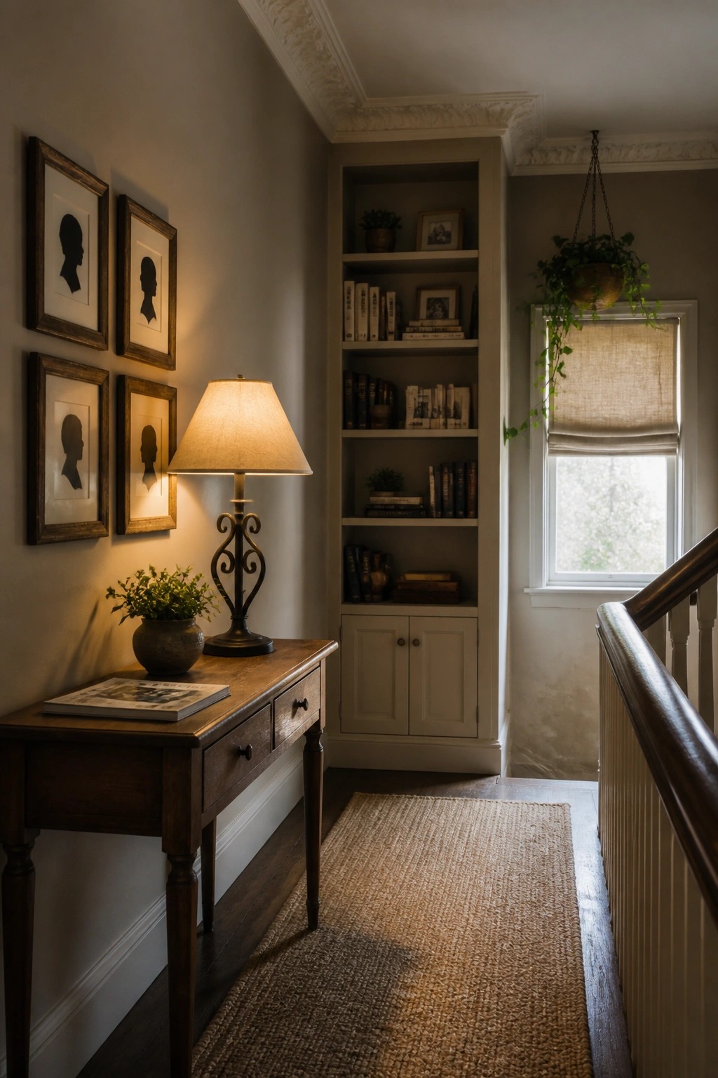 A narrow interior hallway with warm taupe walls, a wooden console table holding a lamp and plant, framed silhouettes on the wall, a built-in bookshelf, and a woven rug on dark wood flooring.