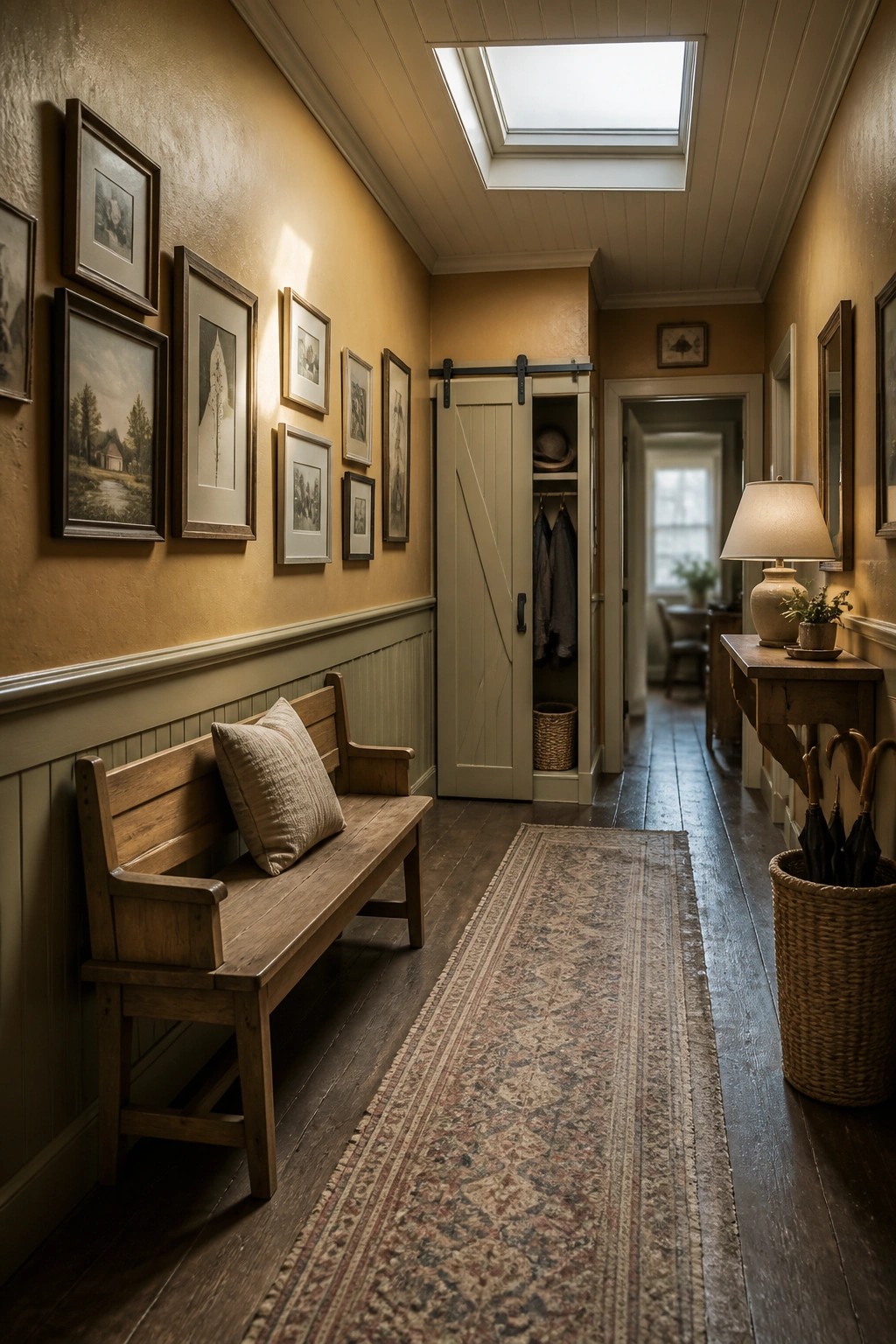 A narrow interior hallway with warm yellow walls, a wooden bench with a pillow, framed pictures on the left wall, and a sliding barn door on the right.