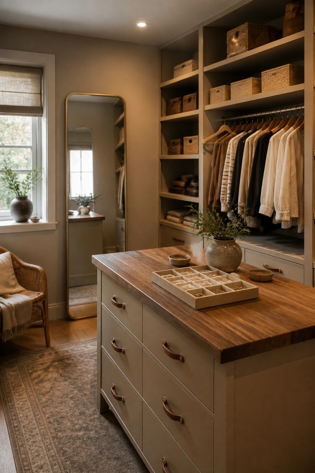 A walk-in closet featuring taupe painted cabinetry and drawers, a wooden island countertop with a jewelry tray, hanging clothes, open shelving with baskets, and a tall mirror reflecting a window.