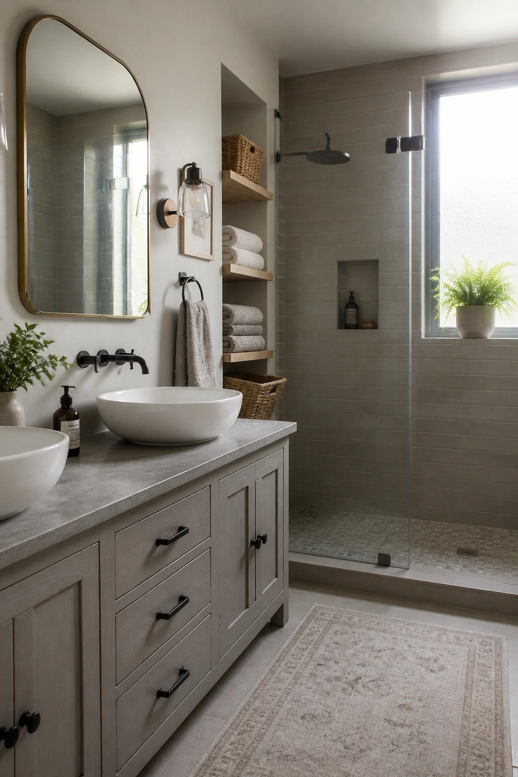 A bathroom with warm gray walls, a gray wood vanity with two white vessel sinks, wooden floating shelves, and a walk-in shower with matching beige tile and a glass door.