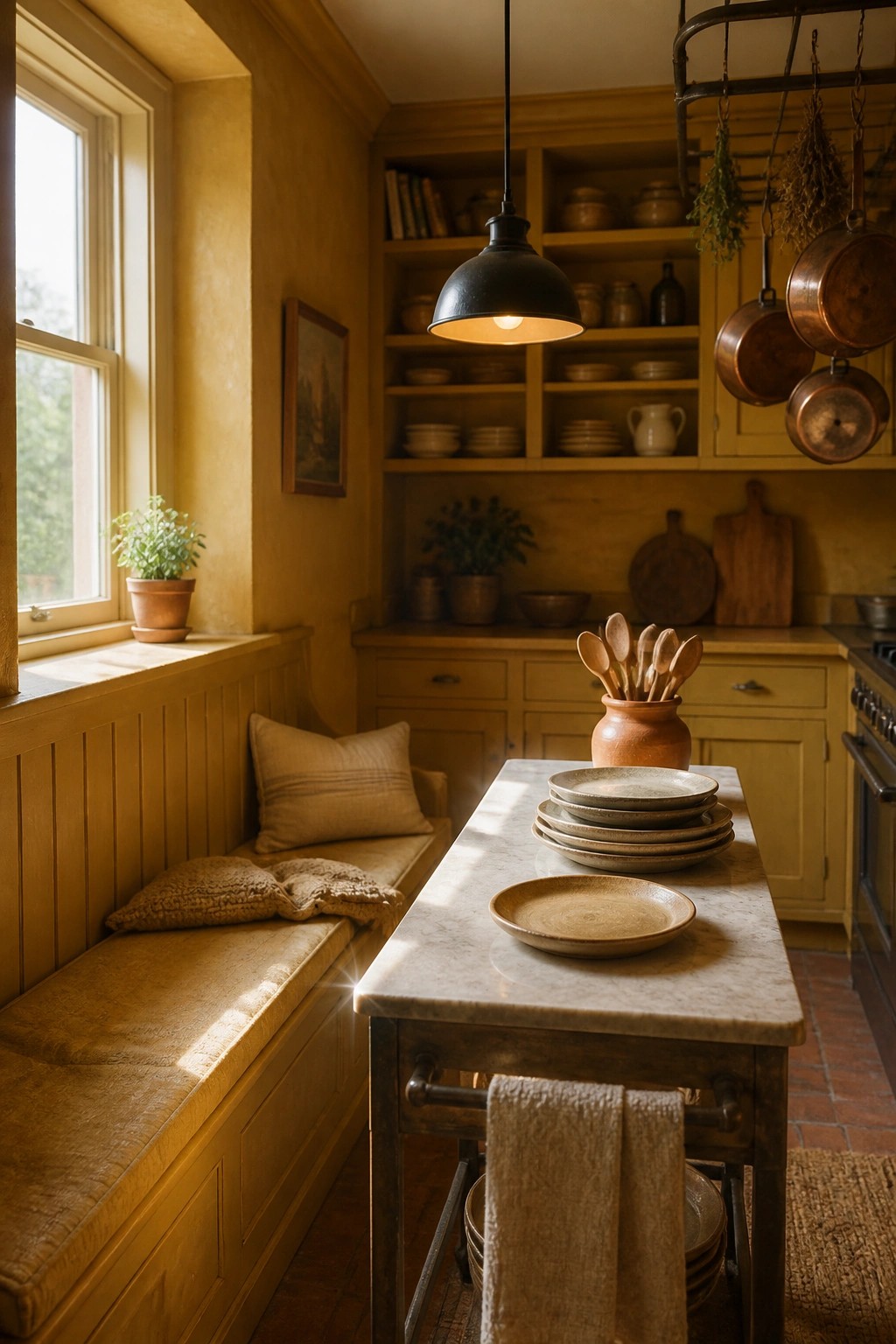 A rustic kitchen with warm yellow walls, wooden built-in cabinetry, a marble-topped island holding stacked ceramic plates, and a cushioned window bench.