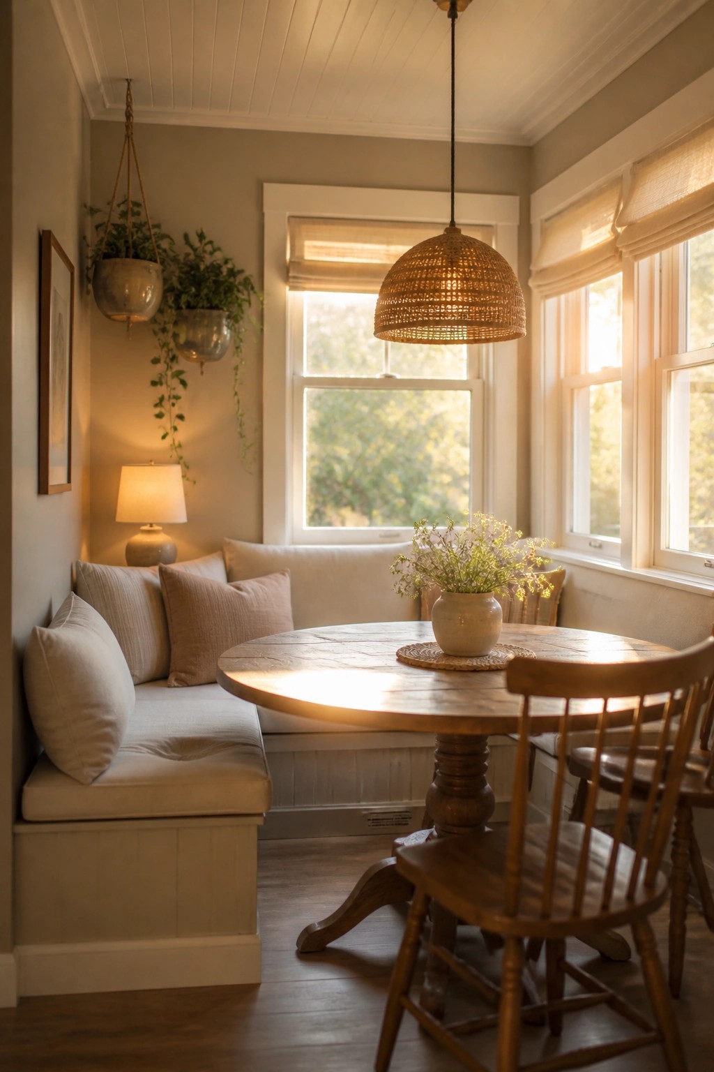 Cozy sunlit dining nook with round wooden table, cushioned bench, and hanging wicker lamp