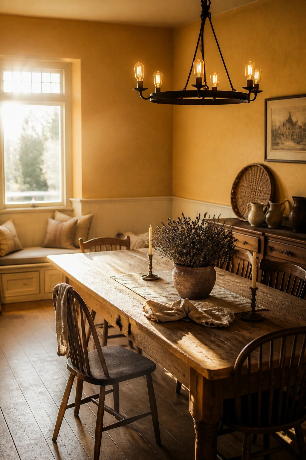 A rustic dining room with a long wooden table, spindle-back chairs, a black metal chandelier, and warm yellow walls.
