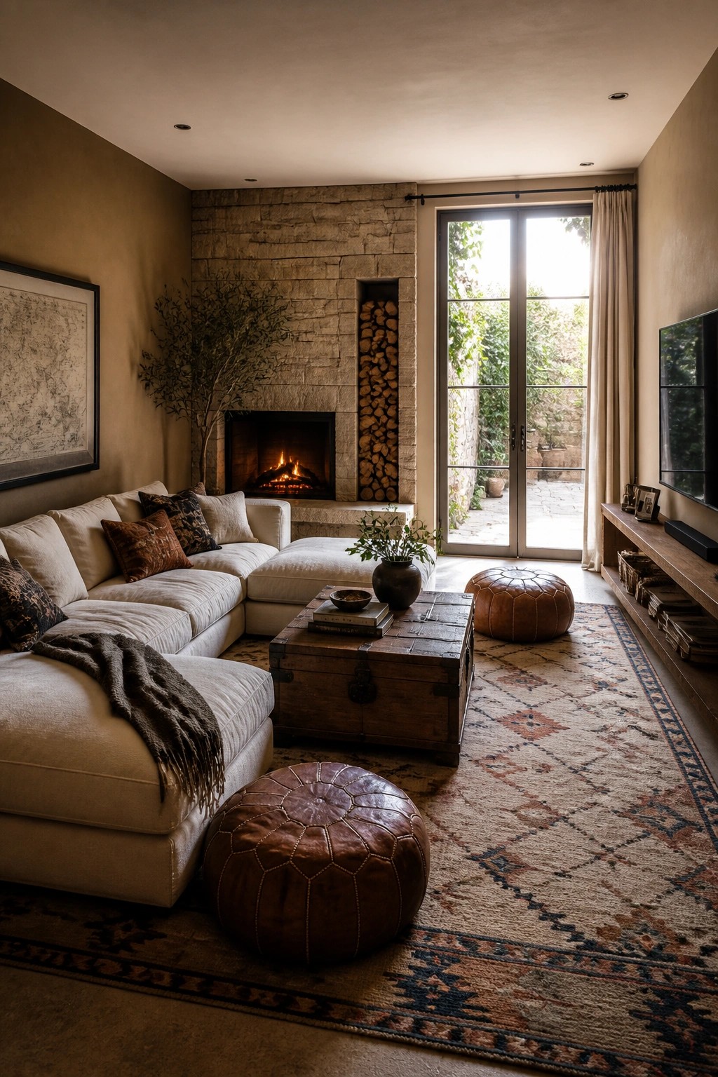 A living room featuring a stone fireplace, cream sectional sofa, brown leather poufs, wooden trunk coffee table, and large patterned rug on a light wood floor.