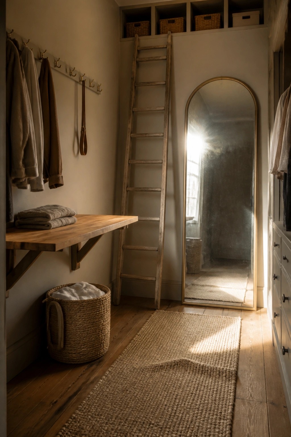 Rustic closet with wooden ladder, arched mirror, woven baskets, and hanging clothes on hooks
