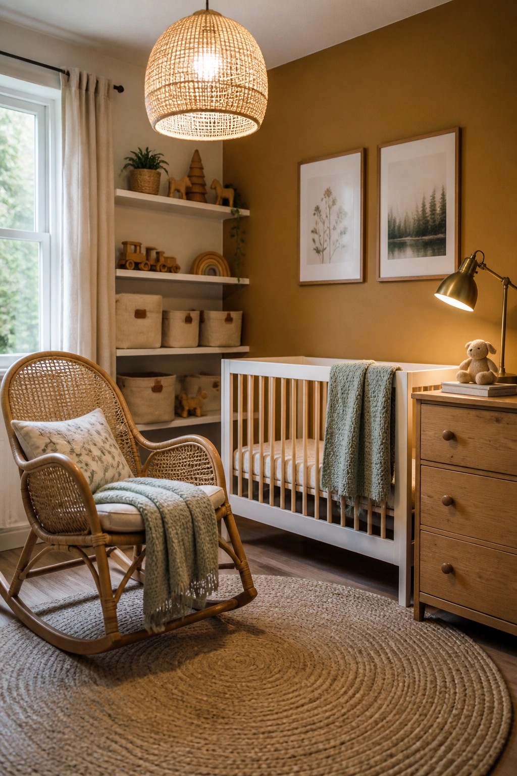 A nursery interior with mustard yellow walls, a white crib, a wicker rocking chair on a round jute rug, and wooden shelves with toys and baskets.