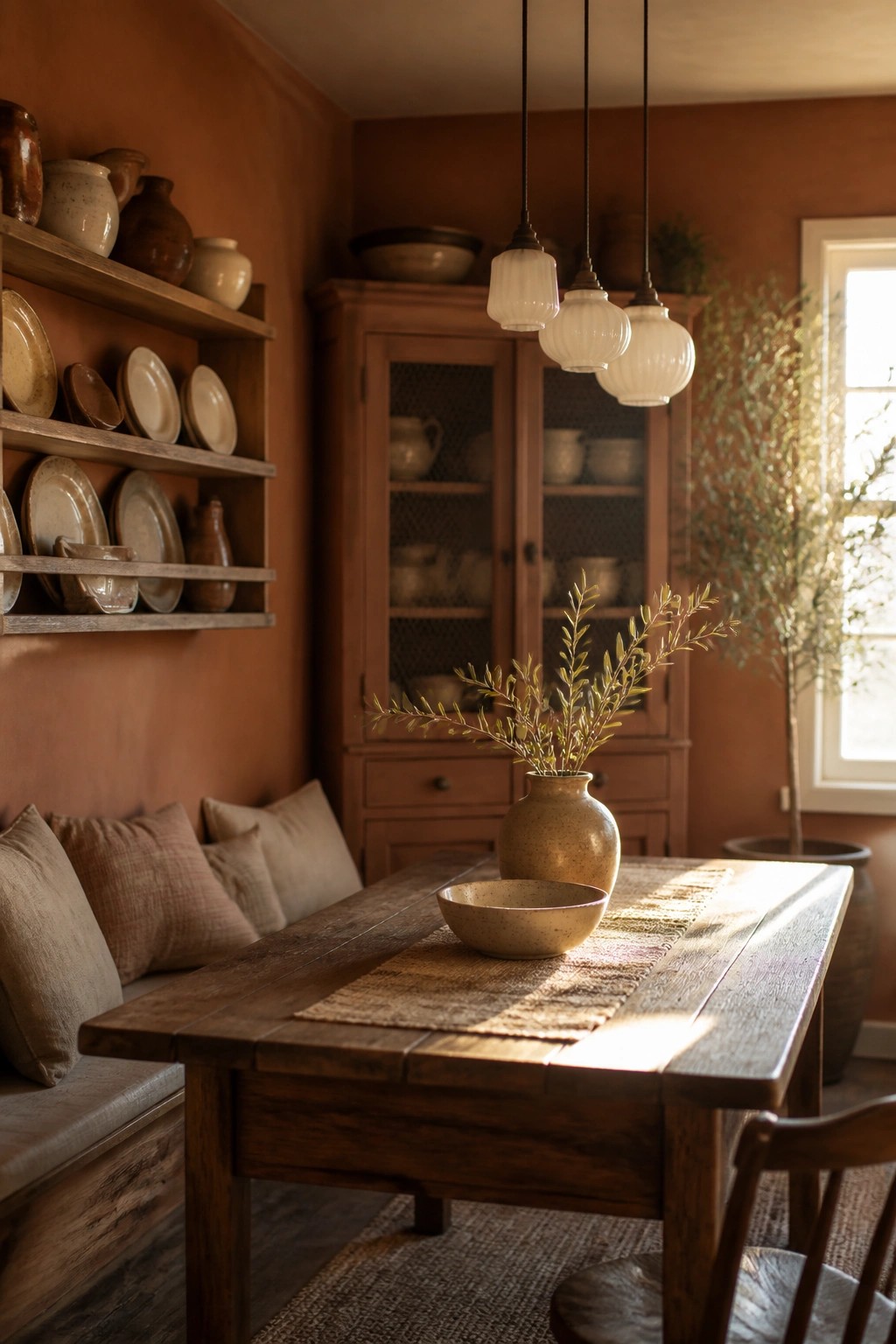 A rustic dining room features terracotta walls, wooden open shelves with pottery, a dark wood table with a woven runner and ceramic bowl, and a wooden hutch in the background.