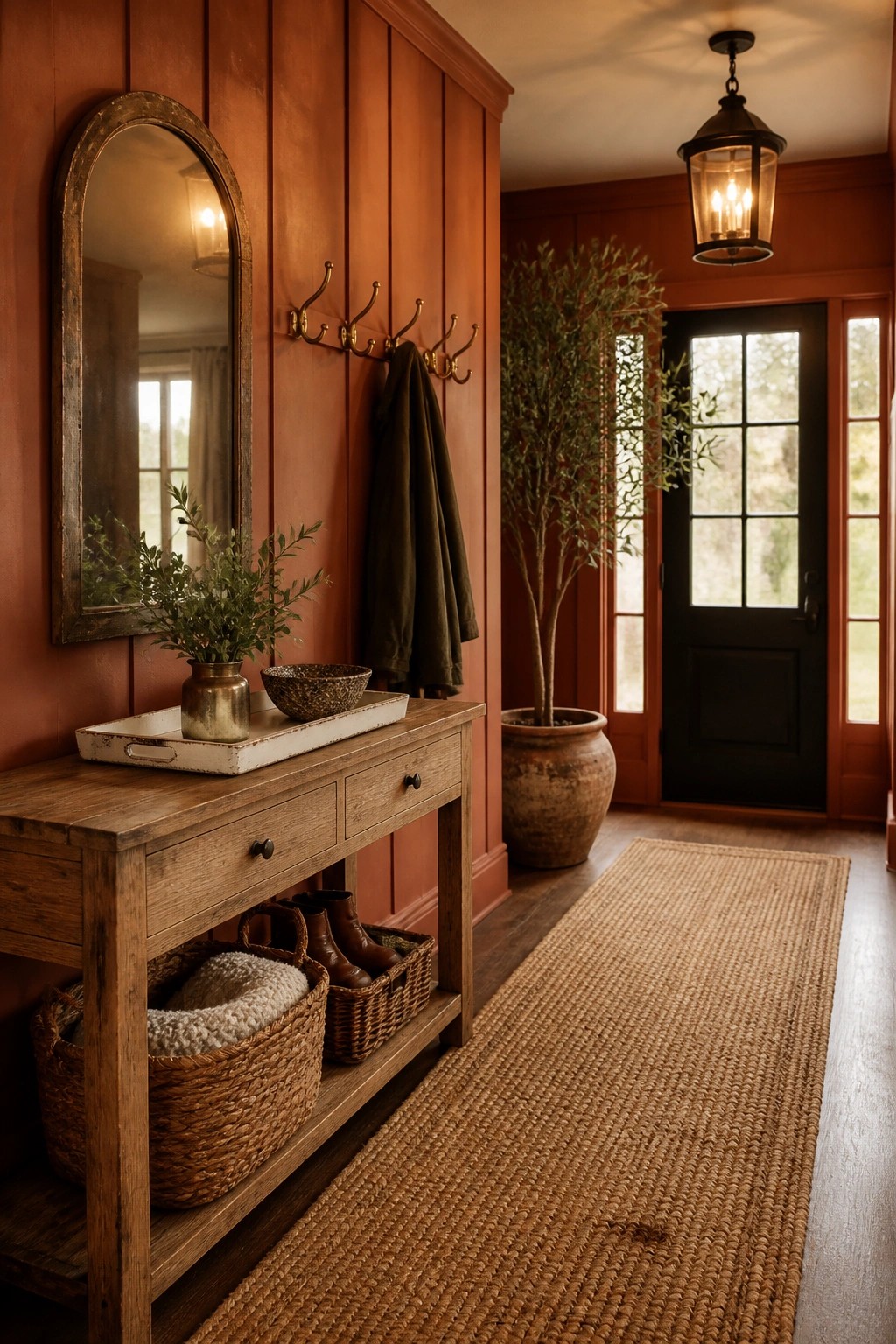 An interior entryway with terracotta walls, a wooden console table holding baskets and boots, a large mirror, and a woven runner leading toward a black door.