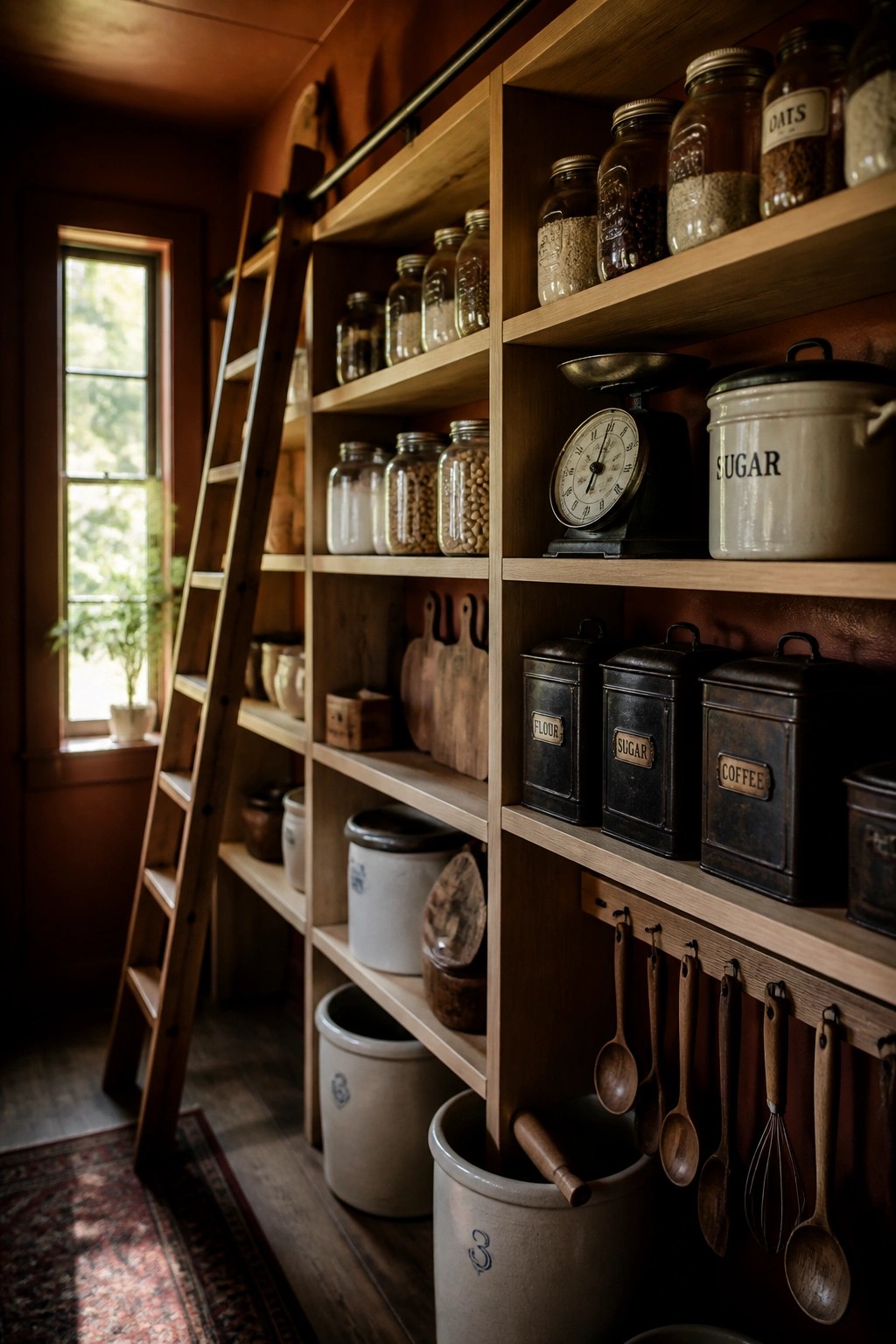A rustic interior pantry with wooden open shelves holding glass jars and metal canisters, a leaning wooden ladder, and warm terracotta painted walls.