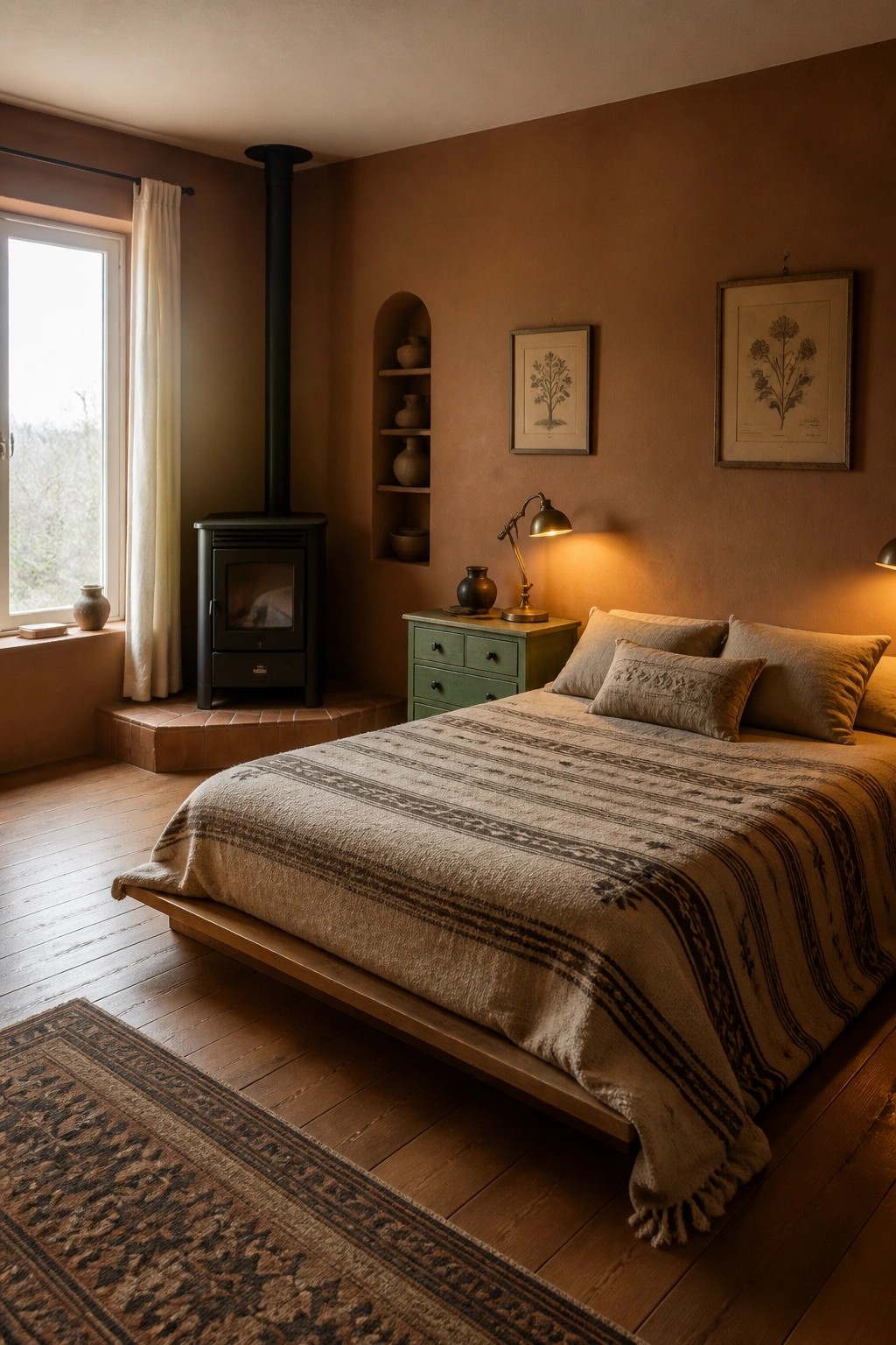 A bedroom interior with warm terracotta walls, a low wooden bed covered in a patterned blanket, a black wood stove on a brick base, and two framed botanical prints on the wall.