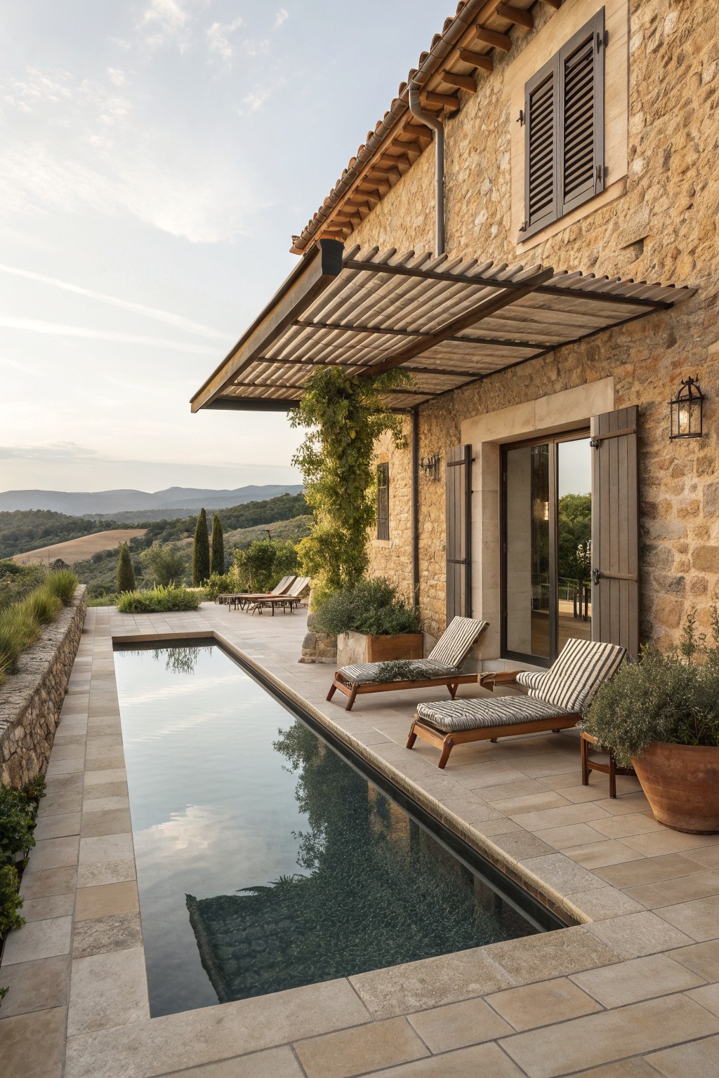 Stone house exterior with a long pool, striped lounge chairs, and wooden pergola shading the patio area.