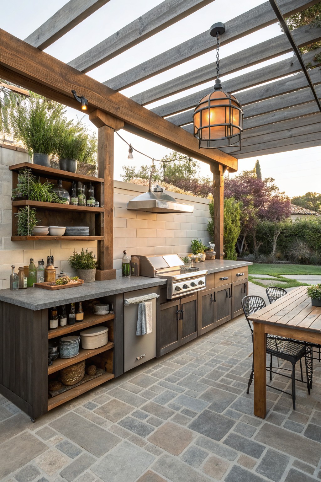 An outdoor kitchen with a stainless steel grill, range hood, dark wood cabinetry, open shelving, and a dining table under a wooden pergola on a stone patio.