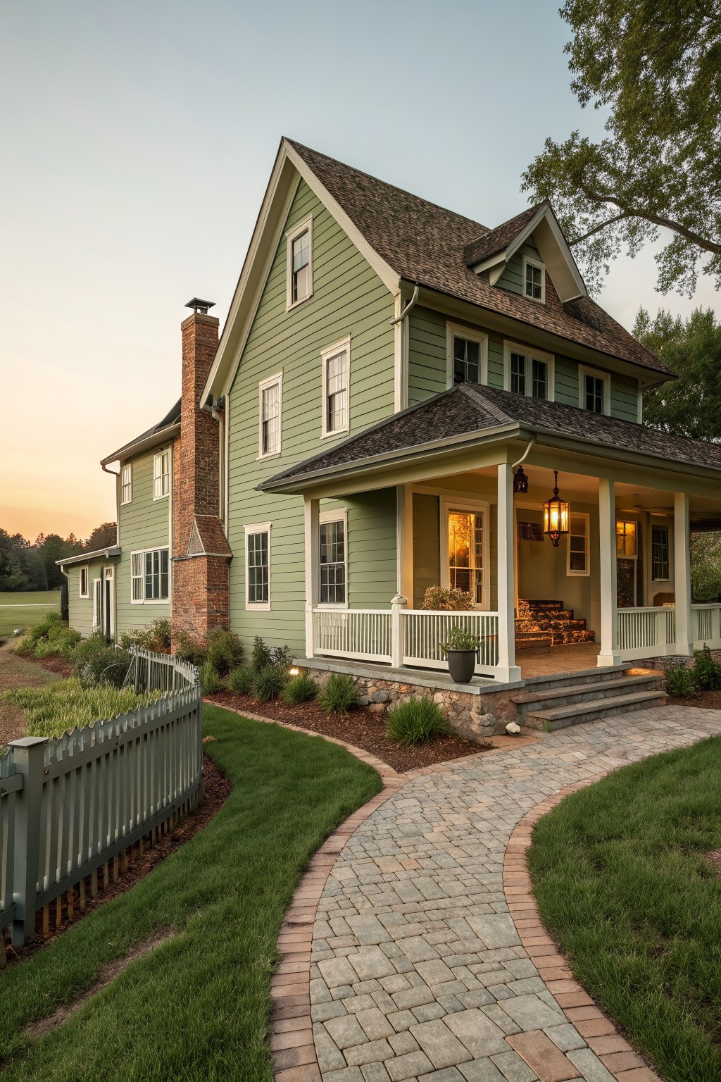 A light green two-story house with white trim, a covered front porch with white railings, and a curved brick pathway leading to the steps.