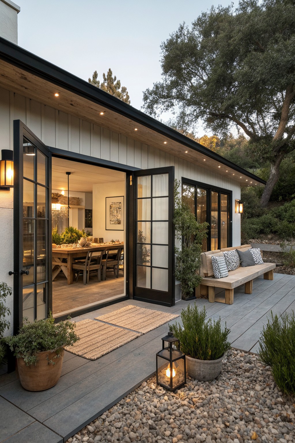 A ranch farmhouse exterior at dusk with open black-framed glass doors revealing a wooden dining table inside, a long wooden bench with cushions on the adjacent deck, potted plants, lanterns on gravel, and trees in the background.