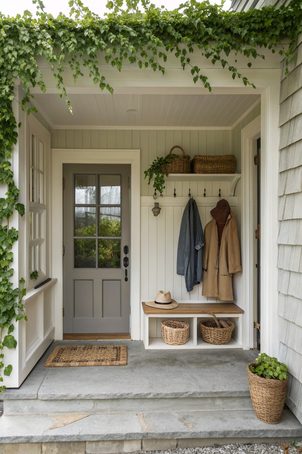 Front porch entry with gray door, white built-in bench with hooks holding jackets and a hat, storage baskets below, woven doormat on steps, and ivy overhead.