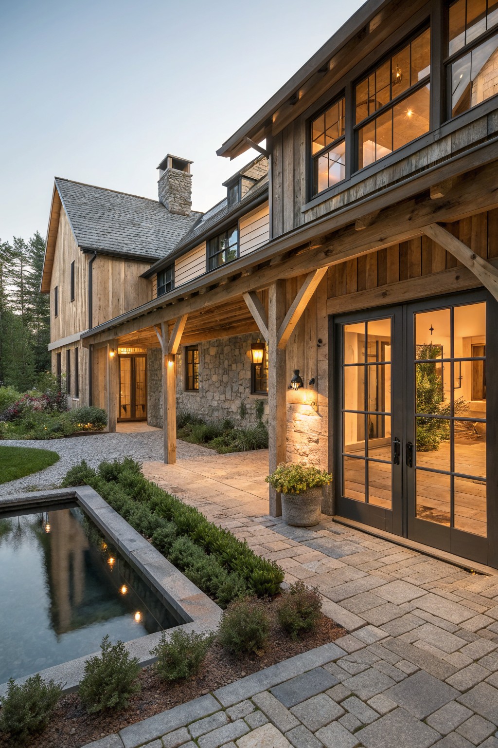A wooden ranch house with stone accents, large windows, double entry doors, and a stone-paved courtyard with a water feature.